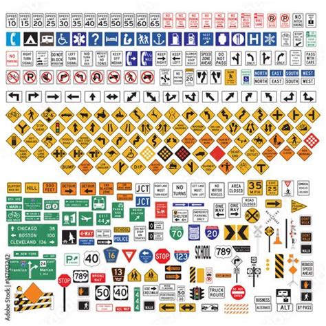 various road signs are shown in different colors and sizes, including ...