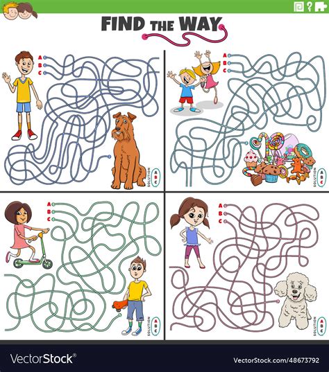 Find the way maze games set with children Vector Image