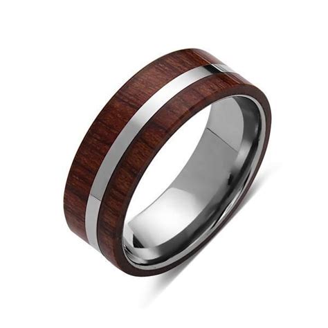 Koa Wood Wedding Ring Silver Tungsten Band Hawaiian Koa Wood 8mm Mens Comfort Fit