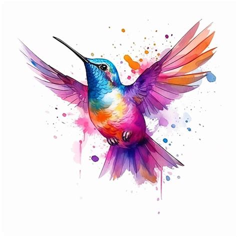 Pintura acuarela de un colibrí con alas de colores Foto Premium