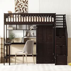 Amazon Modern Wood Loft Bed With Bookshelf And Drawers Twin Size