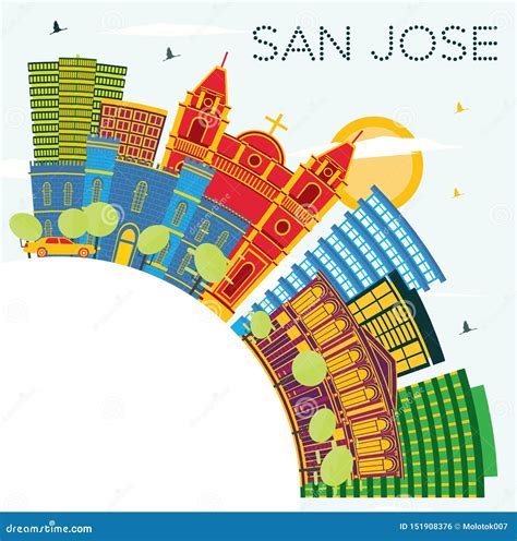 San Jose, Costa Rica Skyline And Landmarks Silhouette Cartoon Vector | CartoonDealer.com #126168149