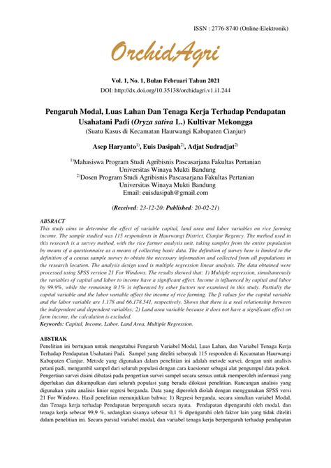 Pdf Pengaruh Modal Luas Lahan Dan Tenaga Kerja Terhadap Pendapatan