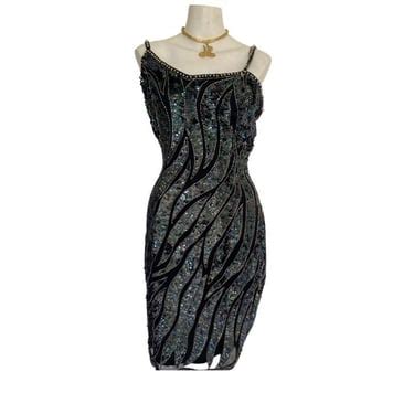 Vintage Silver Sequin Dress Heavily Beaded Black Vintage Dress Beaded