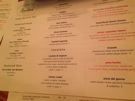 Menu at Broders' Pasta Bar, Minneapolis