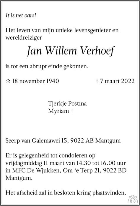 Jan Willem Verhoef Overlijdensbericht En Condoleances