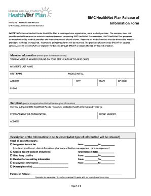 Fillable Online Bmchp BMC HealthNet Plan Release Of Information Form