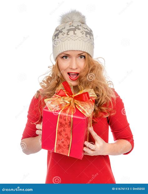 Happy Young Woman Hold Red Christmas Wrapped T Present Smiling In