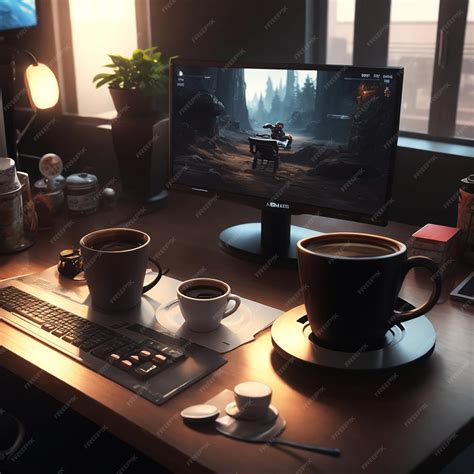 Premium AI Image | a cup of coffee on the gaming computer table