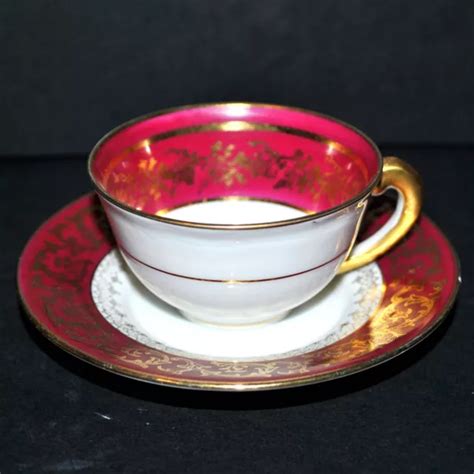 LIMOGES TASSE À café en Porcelaine de Limoges Décor fleuri rouge et