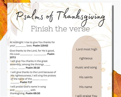 Psalms of Thanksgiving Activity Page. Finish the Verse. NIV. Printable ...