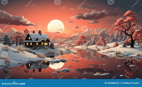 A Painting of a House in a Snowy Landscape. Stock Image - Image of ...