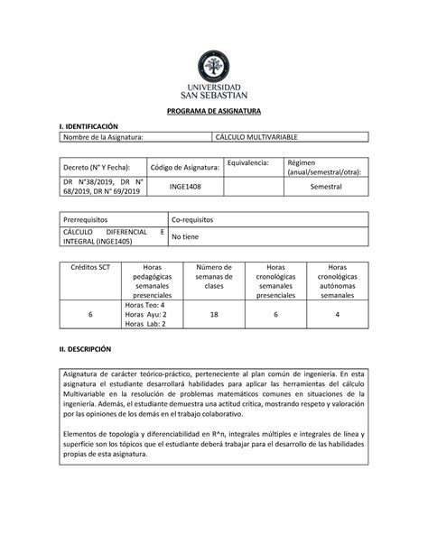 Programa C Lculo Multivariable Programa De Asignatura I