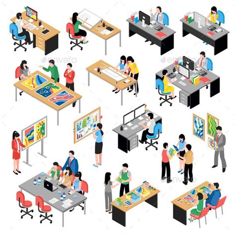 Development Company Office Isometric Icons Collection With Teamwork Planning Modernization