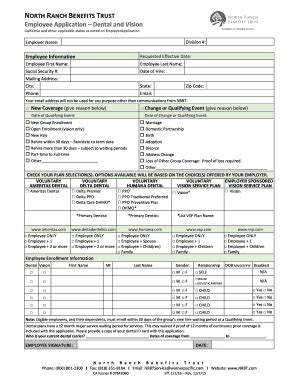 Fillable Online NORTH RANCH BENEFITS TRUST Employee Application Dental