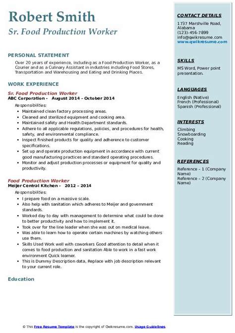 Food Production Worker Resume Samples Qwikresume