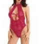 Women Sexy Lingerie Lace Halter Teddy One Piece Hollow Out Babydoll Bodysuit Claret CP1807T08OS