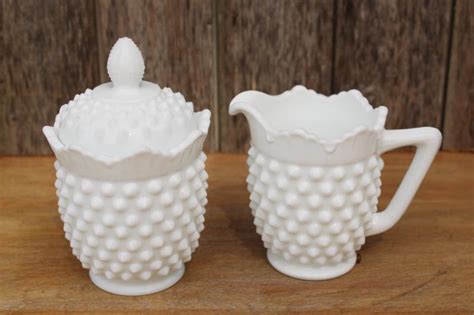 Vintage Fenton Hobnail Milk Glass Creamer And Sugar Set Tall Cream Pitcher And Bowl W Lid