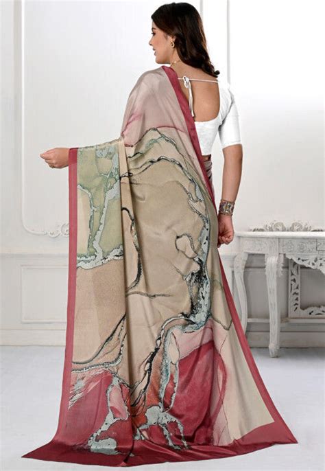 Digital Printed Crepe Saree In Beige Szfa