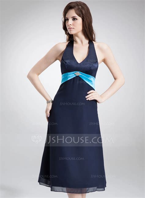 A Line Princess Halter Tea Length Chiffon Satin Bridesmaid Dress With