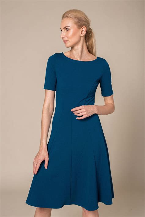 Blue A Line Half Sleeves Scoop Neck Midi Dress Le Parole