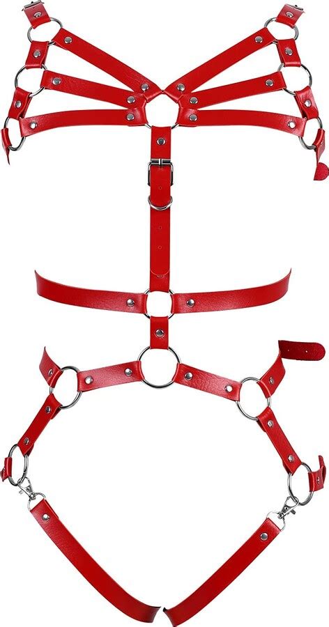 Jmmhss Women Punk Full Body Harness Lingerie Adjustable Leather Strap Bra Garter Belt Set Red