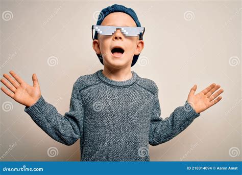 Young Little Caucasian Kid Wearing Internet Meme Thug Life Glasses Over