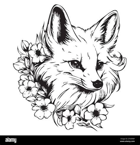 Fox Head In Flowers Animal Sketch Hand Drawn Vector Illustration Wild