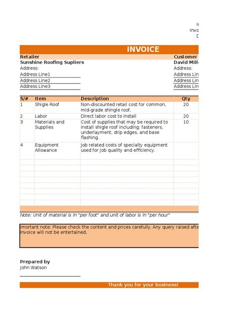 Simple Sales Roofing Invoice Template