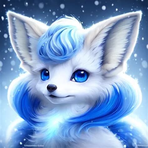 Portrait Of A Beautiful Vulpix With Blue Hair An