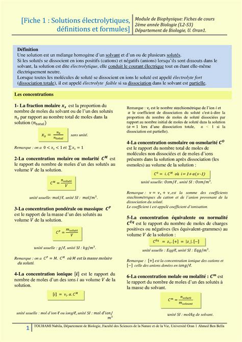 Aide Memoire Biophysique Fiche Solutions Lectrolytiques