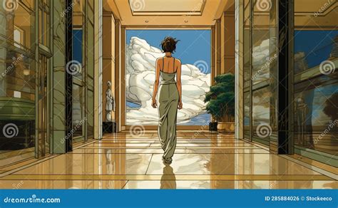 Luxurious Anime Woman Walking in Cloud-filled Hallway Stock ...