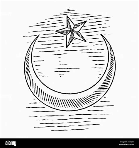 Hand Drawn Image Of Crescent Moon With Star Islamic Symbol In Vintage