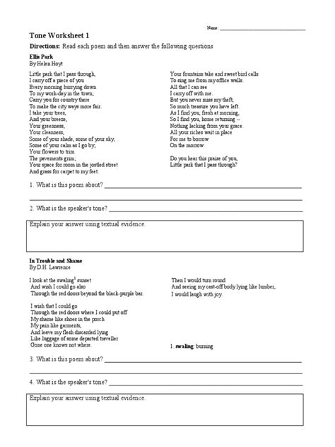 Tone Worksheet 1: Directions: Read Each Poem and Then Answer The ...