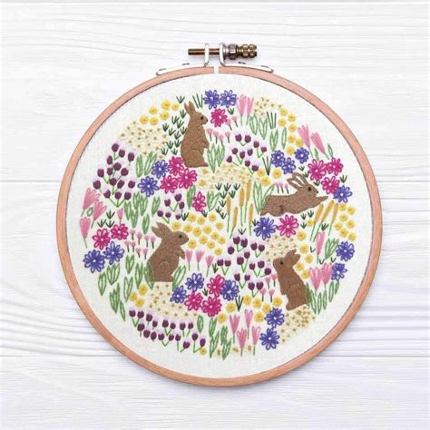 Wild Flowers And Rabbits Hand Embroidery Pattern Pdf Download