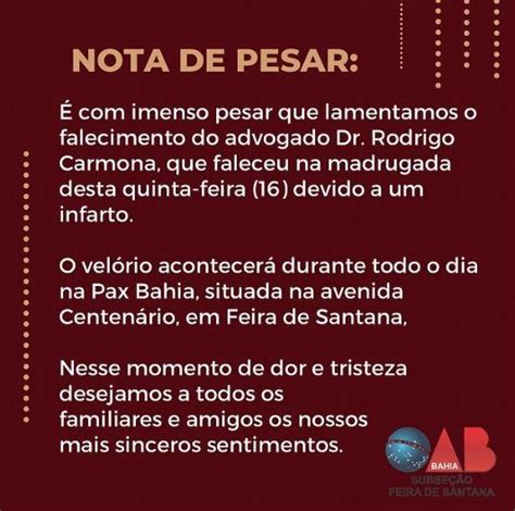 Nota De Pesar Faleceu O Advogado Rodrigo Carmona V Tima De Mal S Bito