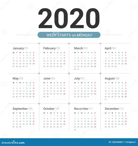 Calendario 2020 Semana Simple Comienza El Lunes Ilustración Del Vector