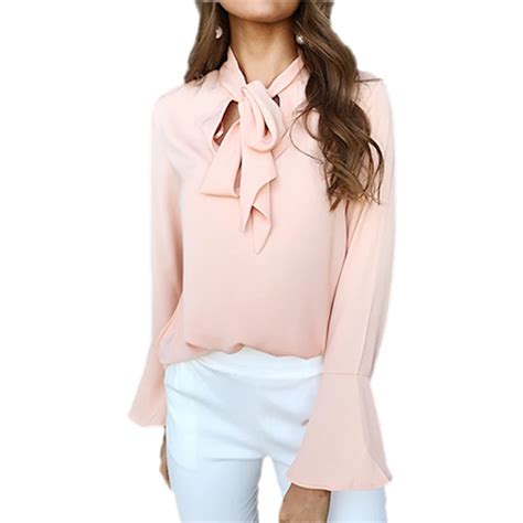 Women Bow Tie V Neck Chiffon Blouse Bowknot Flare Long Sleeve Loose Top