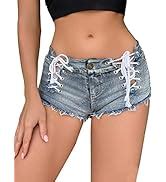 FEOYA Women S Low Rise Denim Shorts Sexy Lace Up Micro Jeans Thong Cut Off Mini Hot Pants Frayed