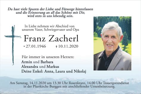 Traueranzeigen Von Franz Zacherl Trauer Merkur De