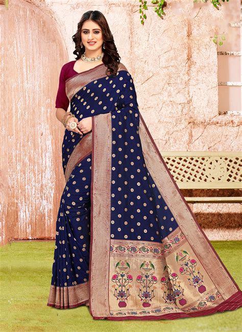 Buy Blue Paithni Naylon Jari And Weaving Work Designer Saree For