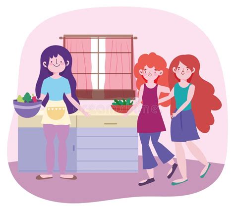 Gente Cocinando Chicas Con Rodajas De Frutas En La Tabla De Corte En La Cocina Ilustración Del