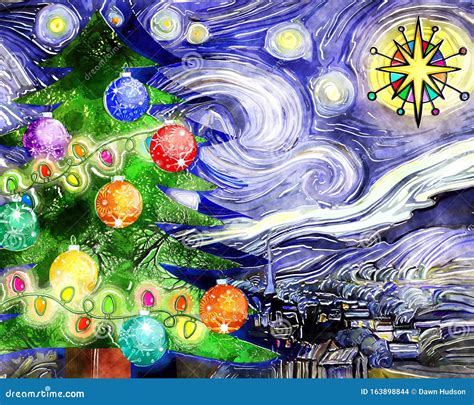 Árbol Navideño Estelar Acuarela Stock de ilustración Ilustración de