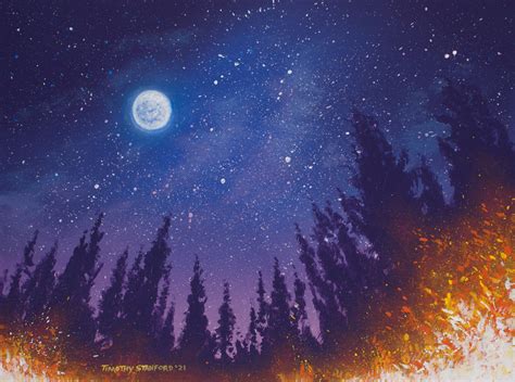 Starry Night Sky Painting, Realistic Landscape, Camping Decor