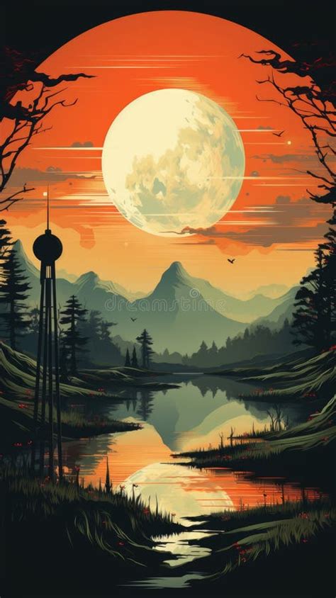 A Painting Of A Sunset Over A Lake Art Deco Imaginary Poster Stock