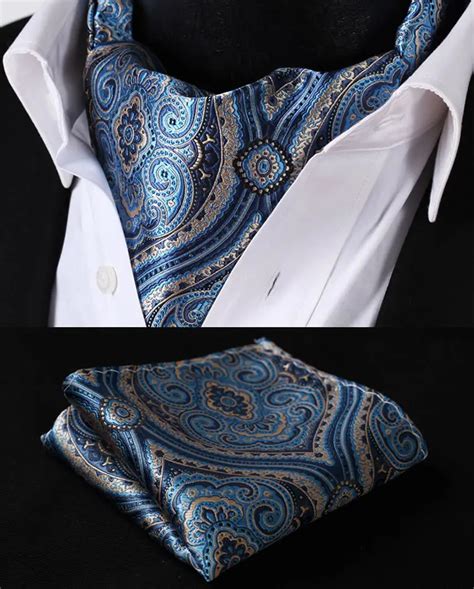 RF404B Blue Beige Floral Silk Cravat Woven Ascot Tie Pocket Square