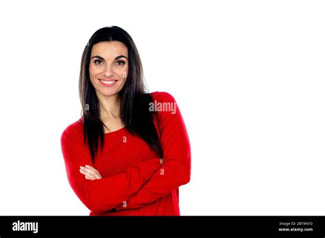 Attractive Mature Woman Wearing Red Jersey Isolated On A White Background Stock Photo Alamy