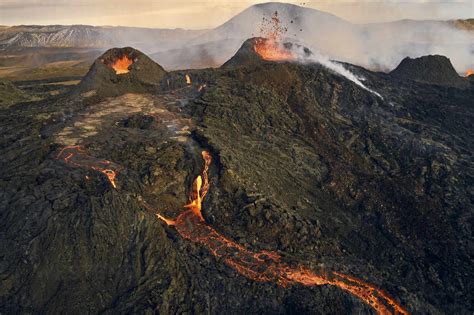 Aerial View Of Lava Streaming Down The Mountain Ridge View Of A River