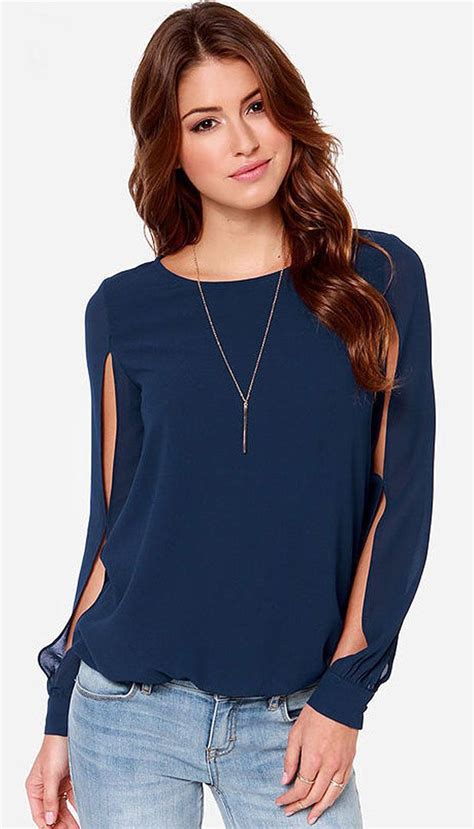 Navy Split Sleeve Loose Blouse Blue Long Sleeve Tops Shirts Women