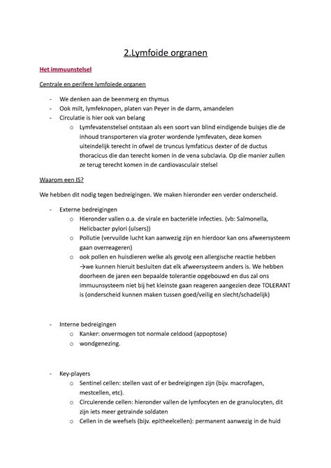 Lymfoide Organen IS Samenvatting En Notities Van Tijdens De Les 2